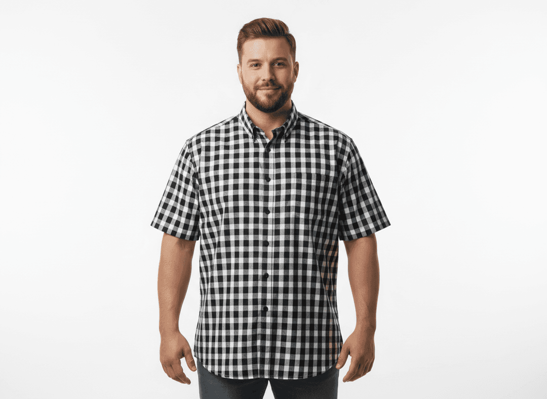 BigTiger Herren Karohemd kurzarm in schwarz-weiß kariert mit Button-Down-Kragen