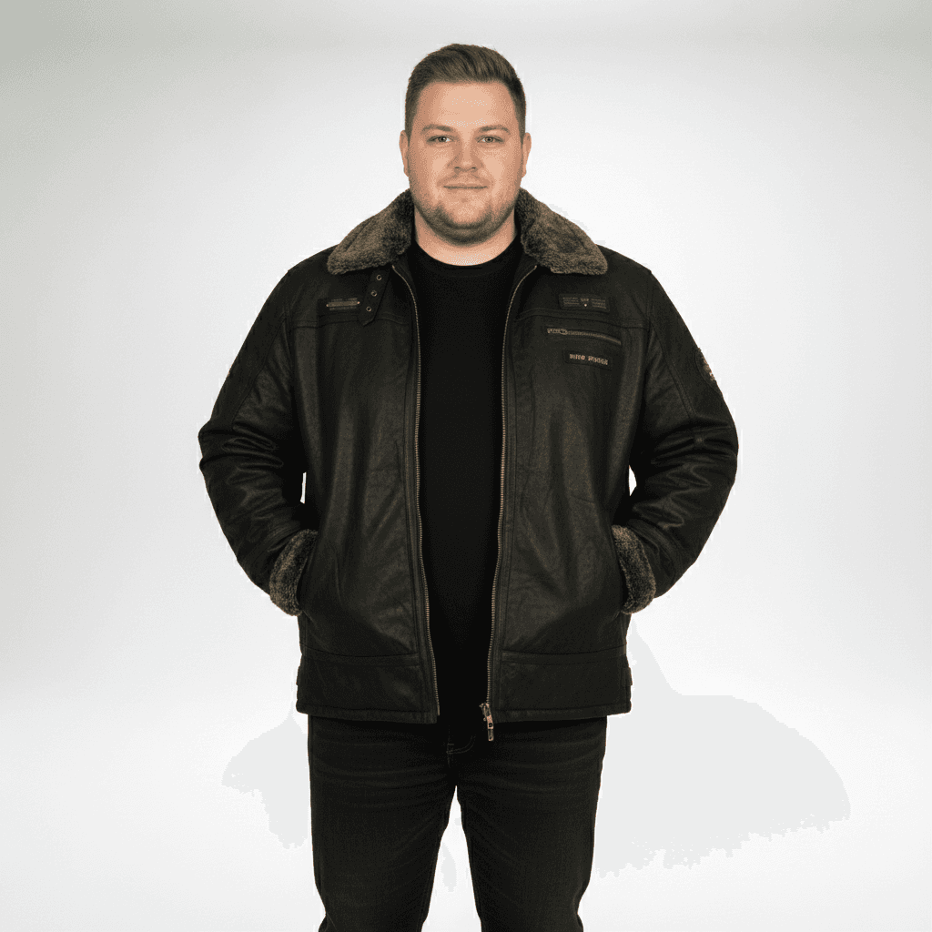 Herren lederjacke von Allsize in Schwarz mit warmem Fellkragen und seitlichen Taschen