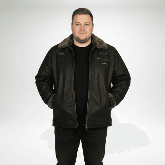 Herren lederjacke von Allsize in Schwarz mit warmem Fellkragen und seitlichen Taschen