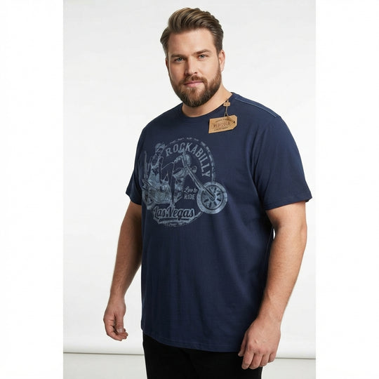 Redfield T-Shirt mit Druck Herren Übergröße in dunkelblau mit Motorrad-Design und Rockabilly-Aufdruck