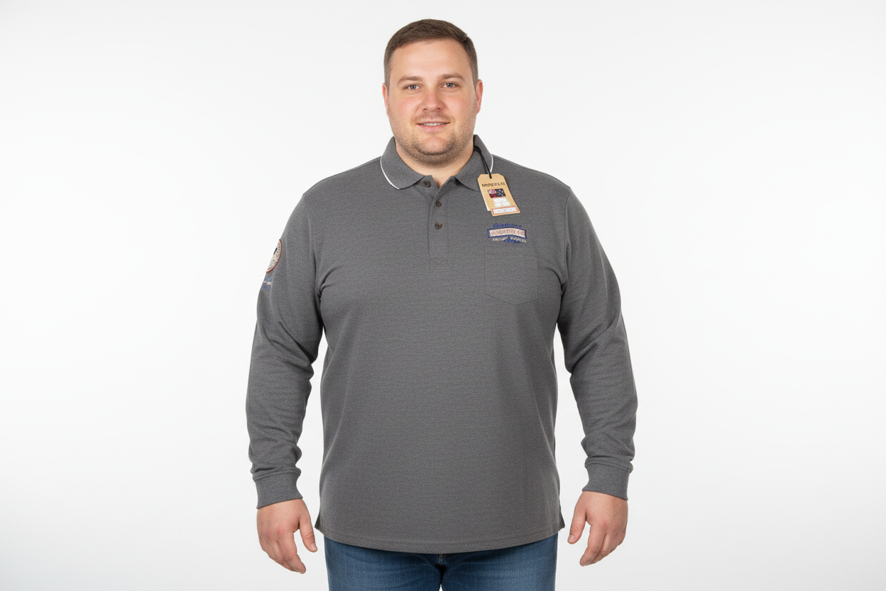 Redfield Herren polo shirt langarm in Grau mit Kragen und Brusttasche getragen von männlichem Model