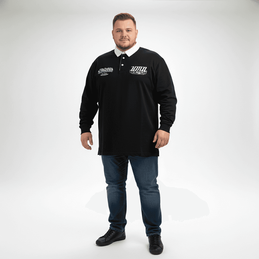 Honeymoon herren polo shirt langarm in schwarz mit weißem kragen und logos auf der brust getragen von männermodell