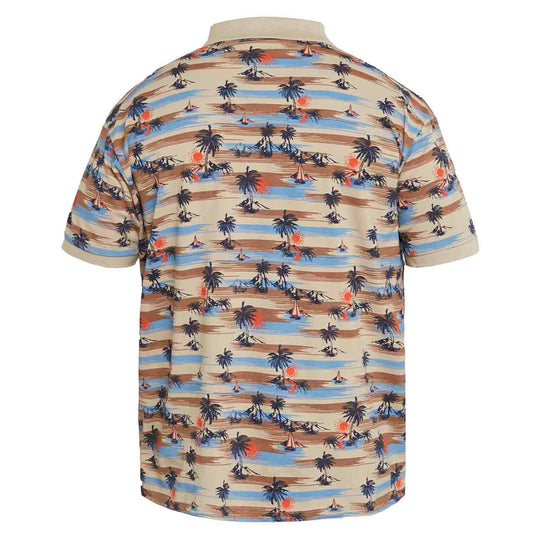 Allsize polo shirt mit tropischem Palmen- und Segelbootmuster in Beige und Brauntönen