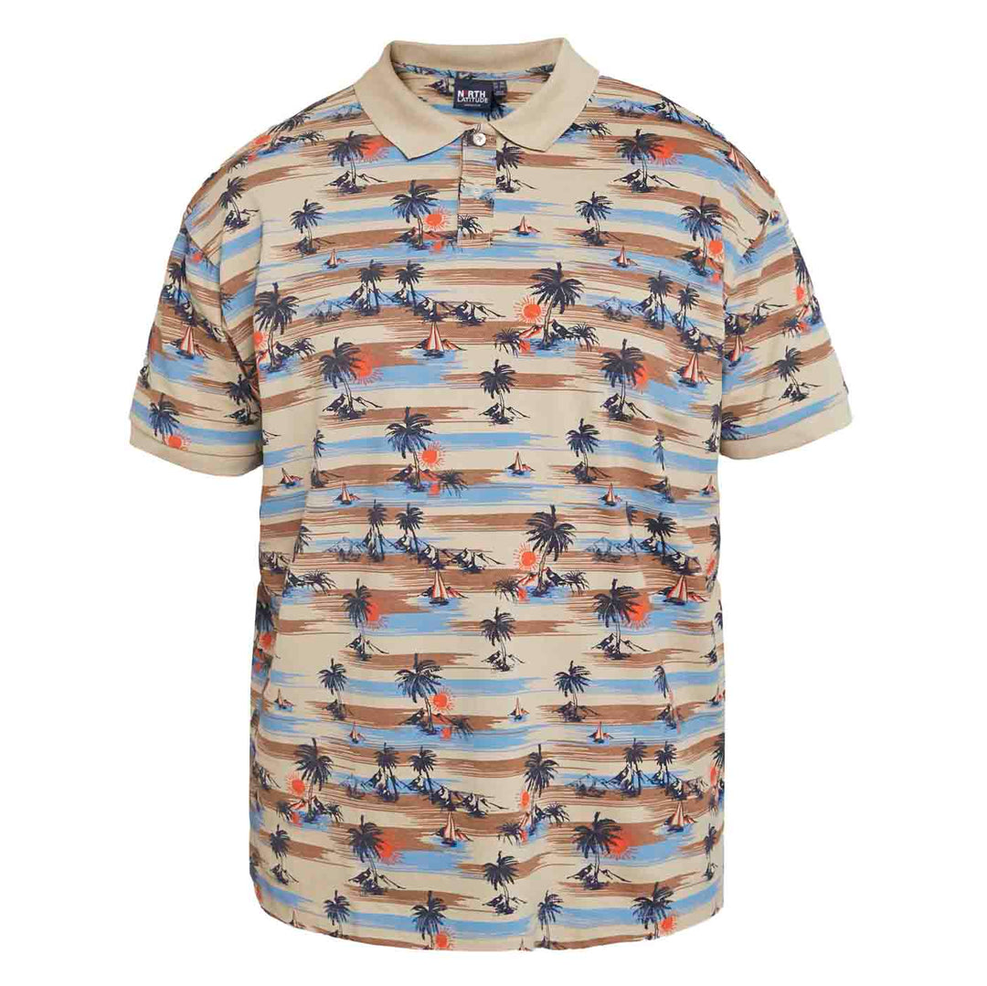 Allsize polo shirt mit tropischem Palmen- und Segelboot-Motiv in Beige und Blau