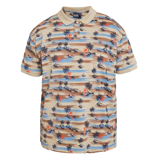Allsize polo shirt mit tropischem Palmen- und Segelboot-Motiv in Beige und Blau