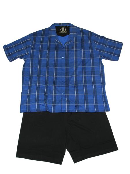 Ceceba herren schlafanzug kurz mit blau kariertem Hemd und schwarzen Shorts