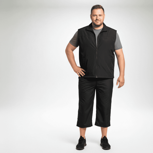 BigTiger herren sporthose 3/4 in schwarz getragen von Mann mit schwarzer Weste und grauem T-Shirt