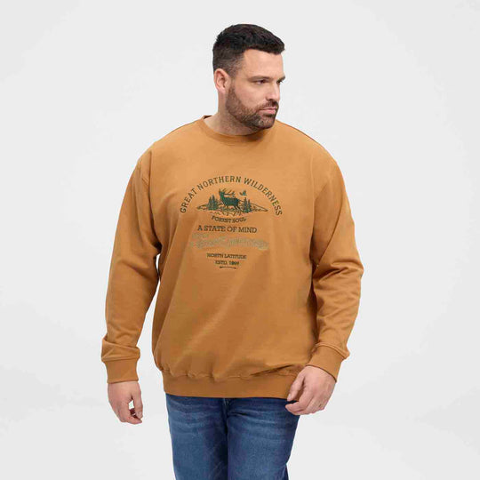 Braunes Sweatshirt Übergröße Herren mit Wald-Print und Rundhalsausschnitt getragen von männlichem Modell