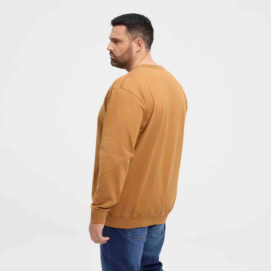 Herren trägt braunes Sweatshirt Übergröße Herren von hinten mit langen Ärmeln und Rundhalsausschnitt