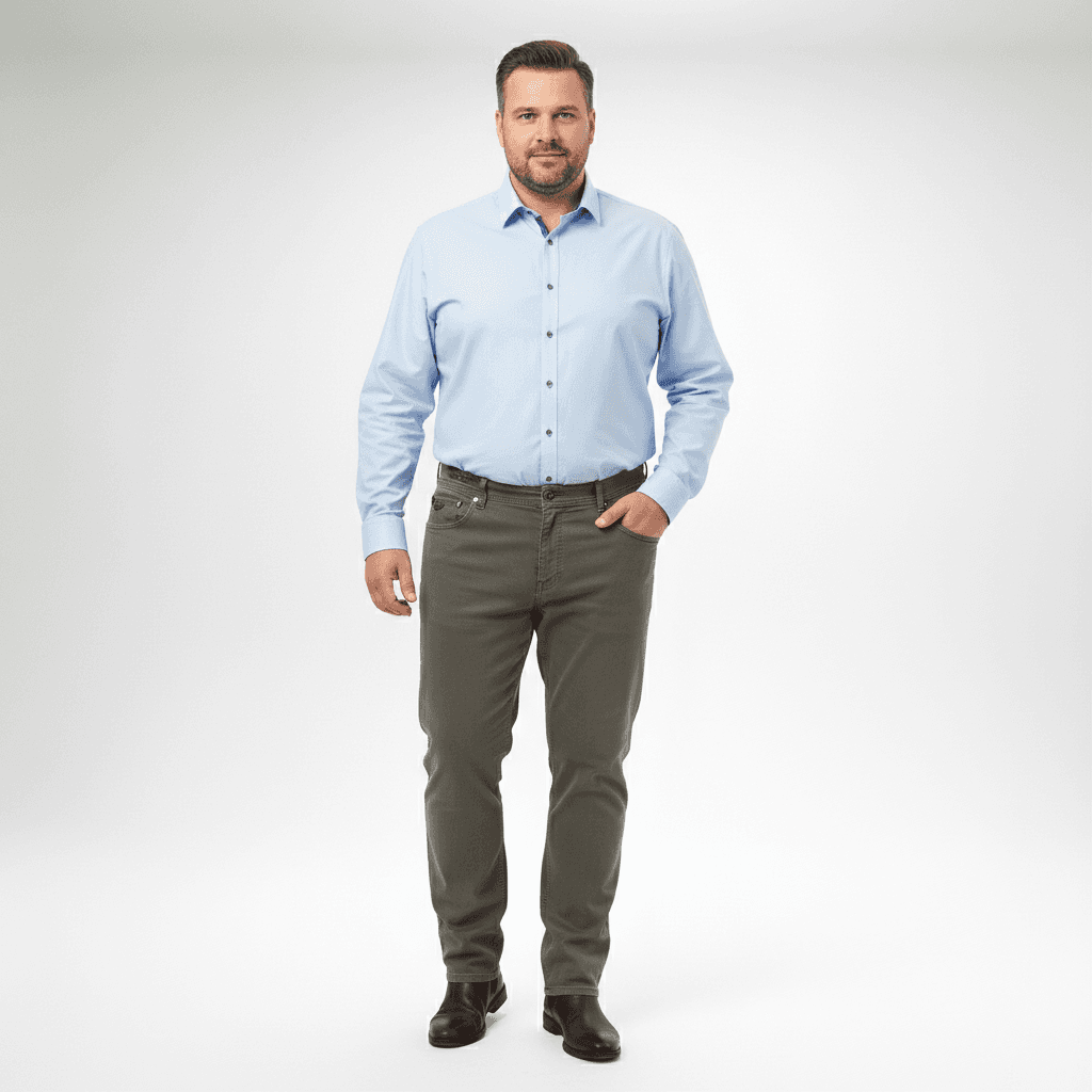 Basic Jeans Hose von Pionier in Übergröße für Herren mit blauem Hemd und schwarzen Schuhen