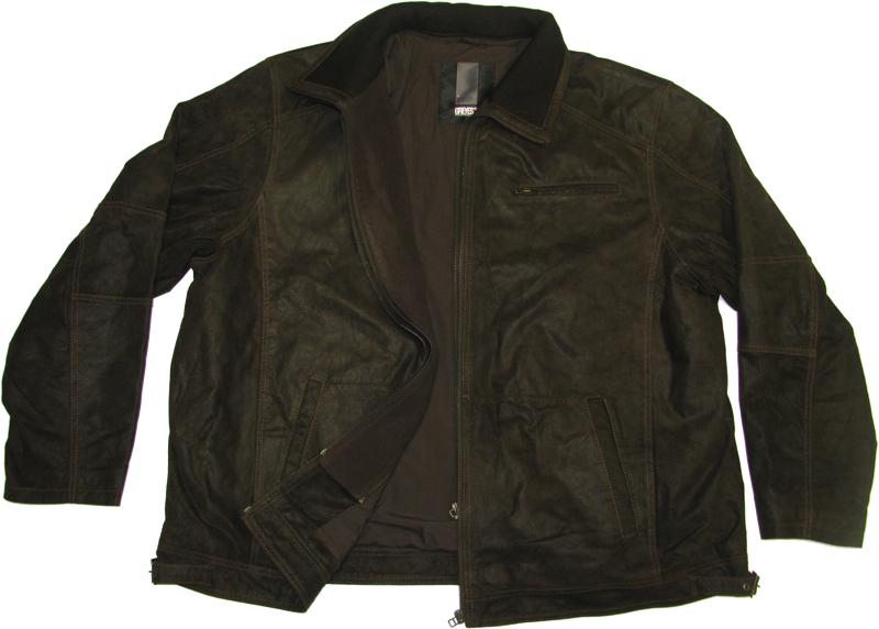 Dunkle Leder-Jacke von Allsize geöffnet als winterjacke herren mit Reißverschluss und Taschen