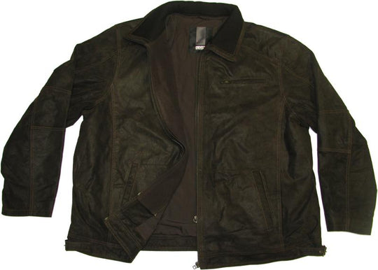 Dunkle Leder-Jacke von Allsize geöffnet als winterjacke herren mit Reißverschluss und Taschen