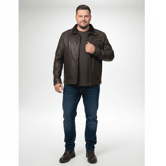 Allsize Leder-Jacke als winterjacke herren in dunkelbraun mit klassischem Schnitt und langem Arm