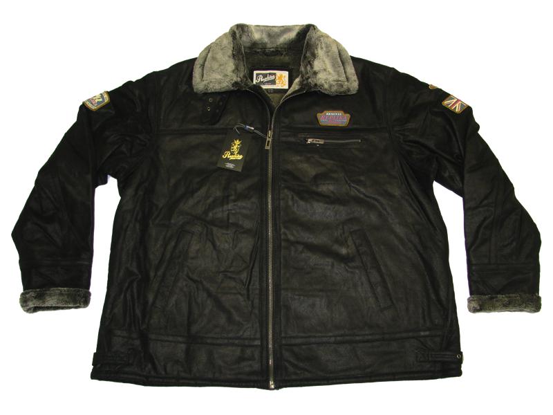 Schwarze herren lederjacke von Allsize mit Fellkragen und dekorativen Patches auf Ärmeln