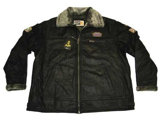 Schwarze herren lederjacke von Allsize mit Fellkragen und dekorativen Patches auf Ärmeln