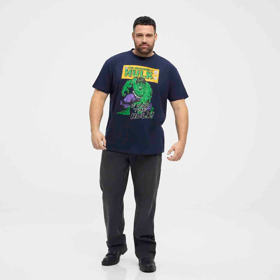 Hulk T-Shirt Übergröße von Allsize mit grünem Hulk Druck auf dunkelblauem T-Shirt