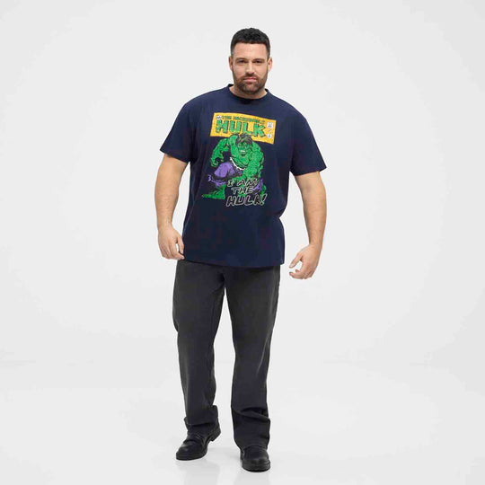 Hulk T-Shirt Übergröße von Allsize mit grünem Hulk Druck auf dunkelblauem T-Shirt