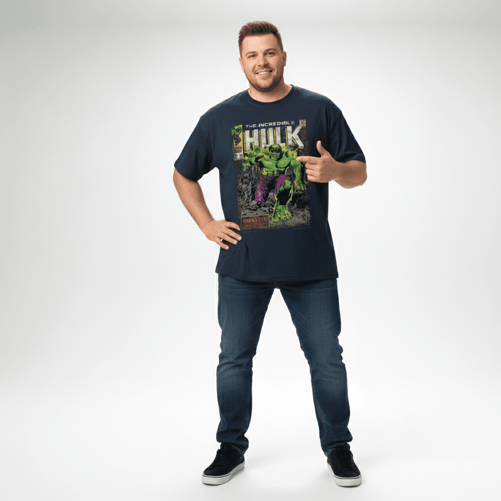 Hulk T-Shirt Übergröße von Allsize mit großem grünen Hulk Comicdruck, getragen von Mann