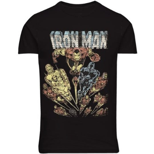 Schwarzes Iron Man T-Shirt Übergröße mit Vintage-Heldenprint von Allsize