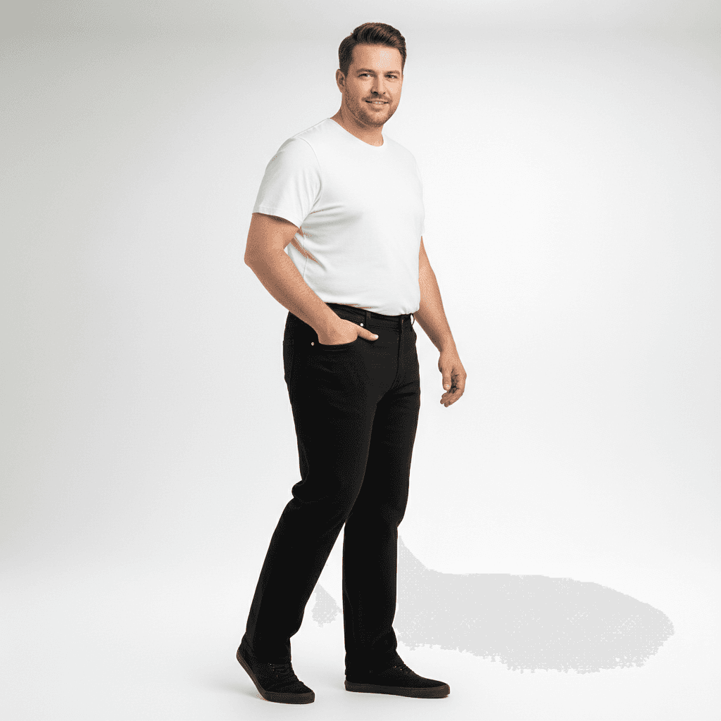 BigTiger Basic Jeans Übergröße Herren Hose in Schwarz, getragen von Mann mit weißem T-Shirt