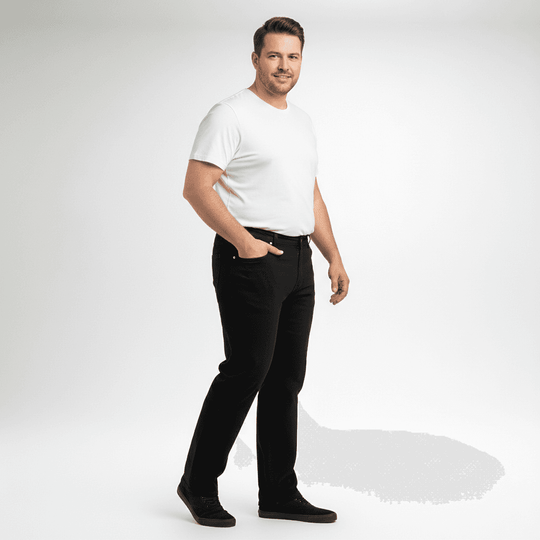 BigTiger Basic Jeans Übergröße Herren Hose in Schwarz, getragen von Mann mit weißem T-Shirt