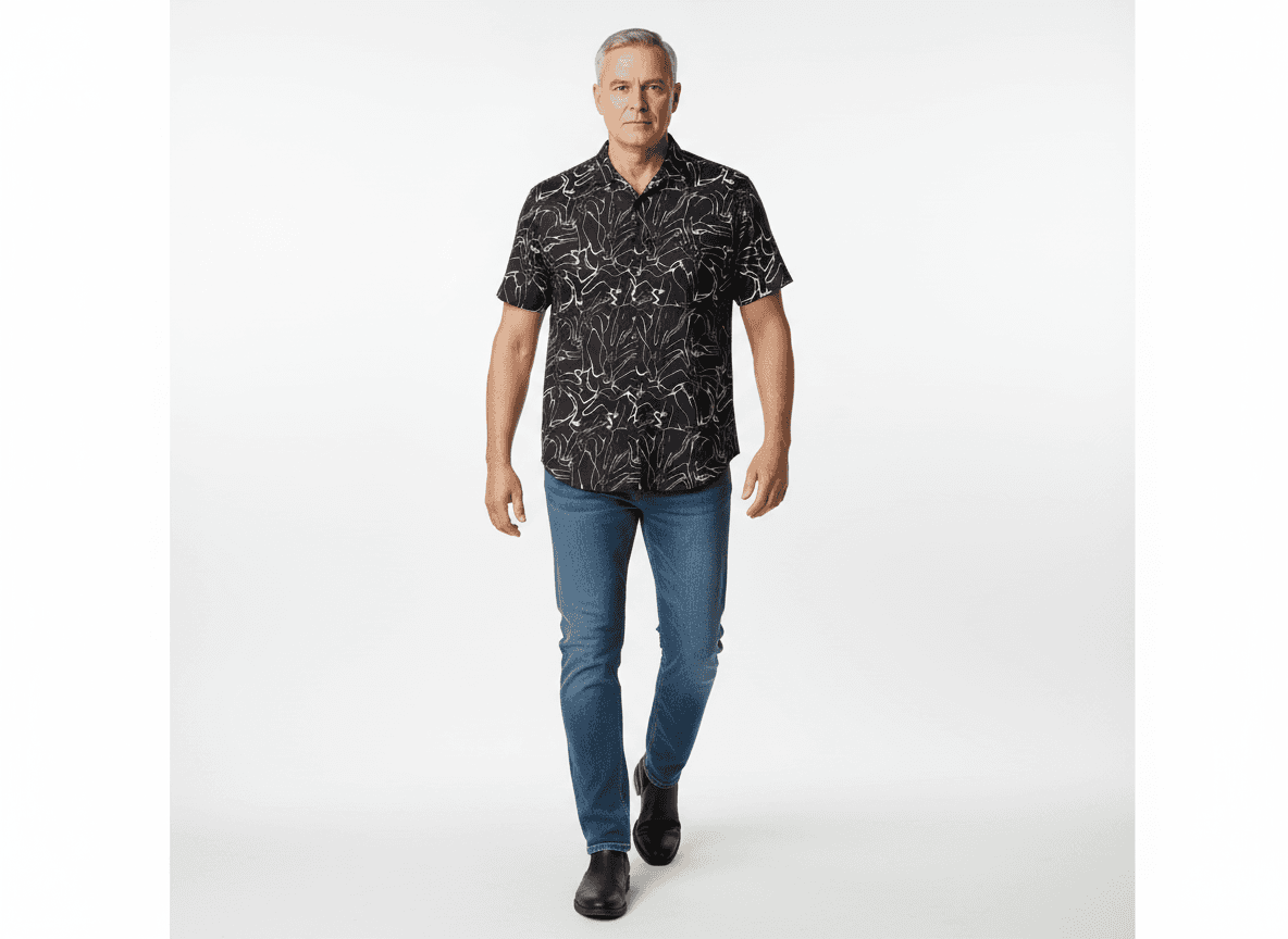 Kamro bedrucktes hemd kurzarm in schwarzem Design, getragen von einem Mann mit Jeans und schwarzen Schuhen