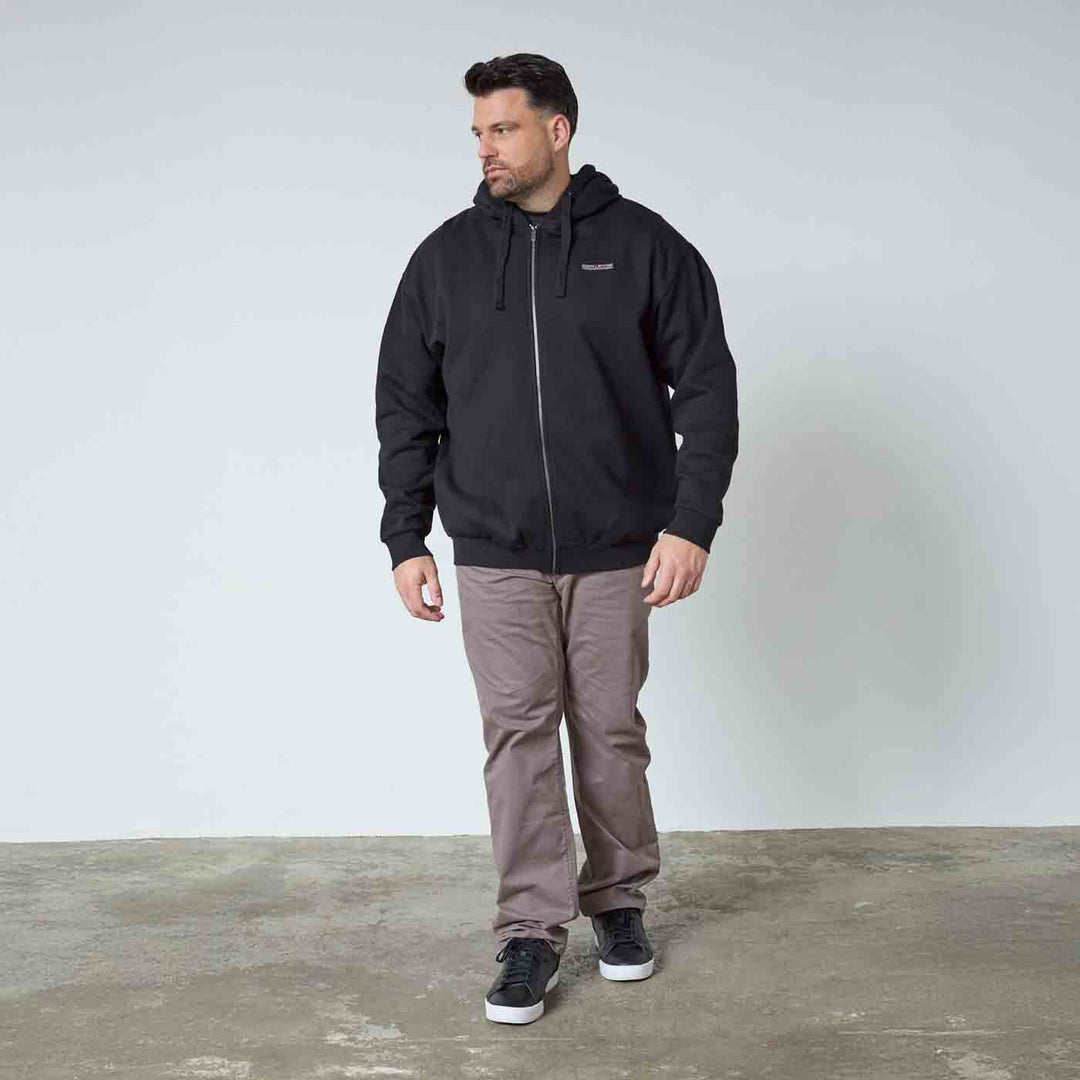 Schwarze Kapuzen-Sweatjacke Herren Übergröße von Allsize mit Reißverschluss und Kordelzug am Modell