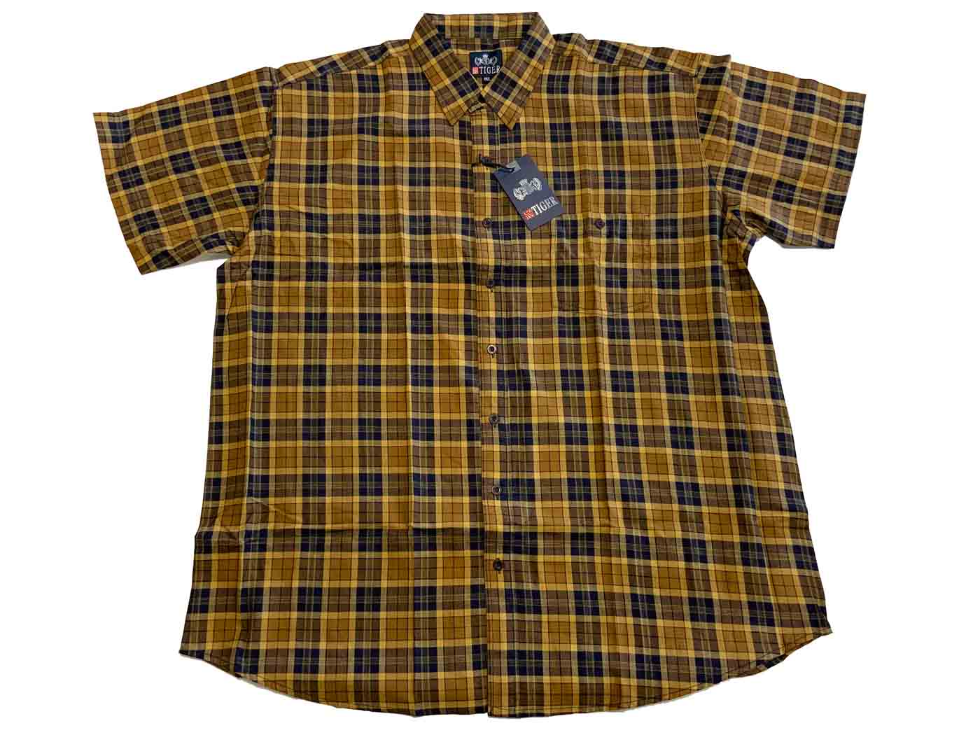 BigTiger kariertes Hemd kurzarm in Gelb und Braun mit Button-Down-Kragen