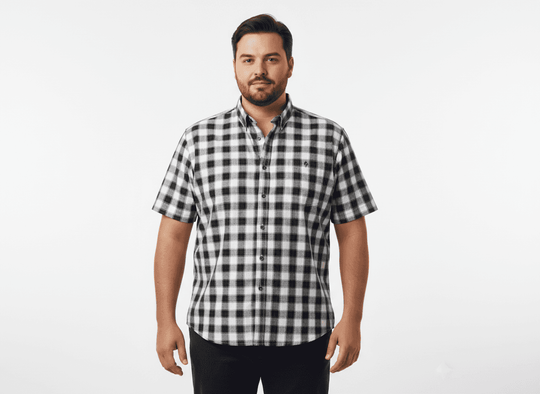 BigTiger kariertes Hemd Herren kurzarm in schwarz-weiß mit Knopfleiste und klassischem Kragen