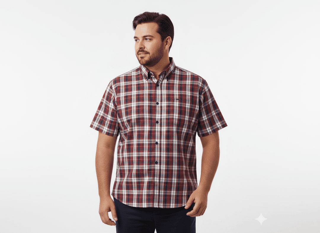 BigTiger Karo Hemd Herren kurzarm mit rot weiß kariertem Muster und Knopfleiste