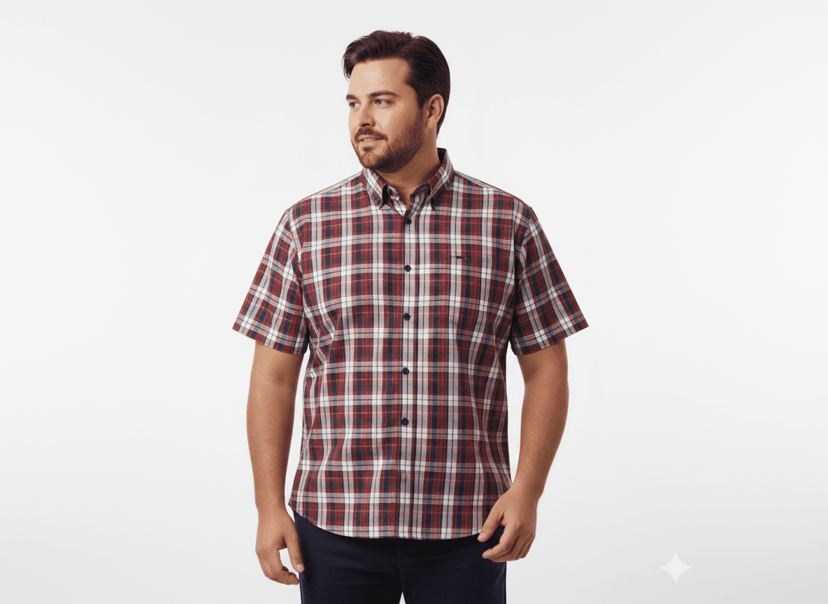 BigTiger Karo Hemd Herren kurzarm mit rot weiß kariertem Muster und Knopfleiste