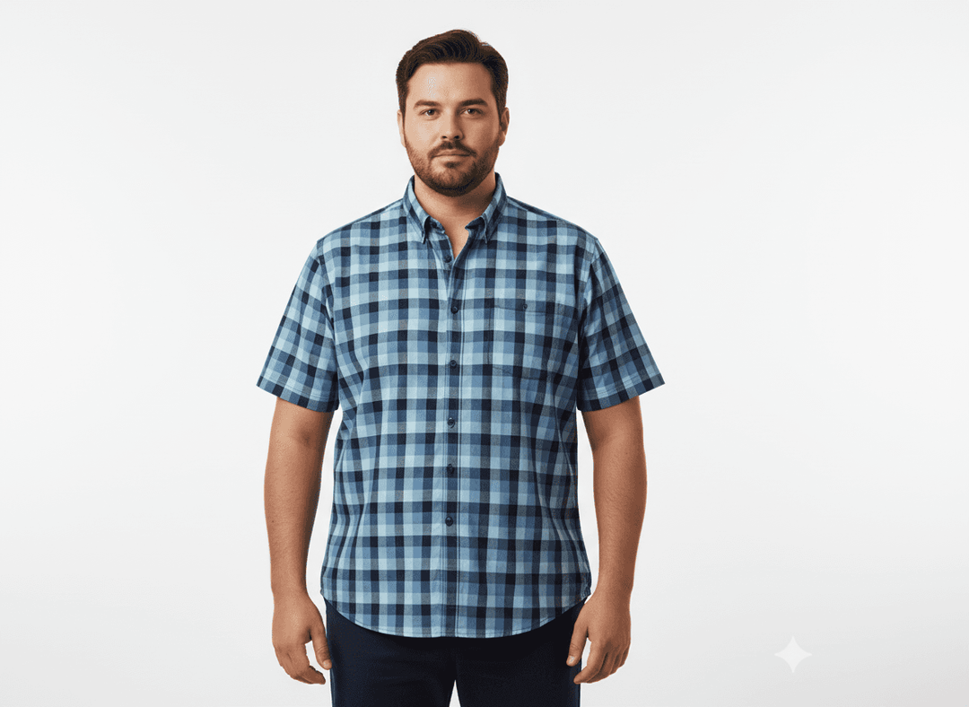 BigTiger Karo Hemd kurzarm in Blau und Schwarz mit klassischem kariertem Muster und offenem Kragen