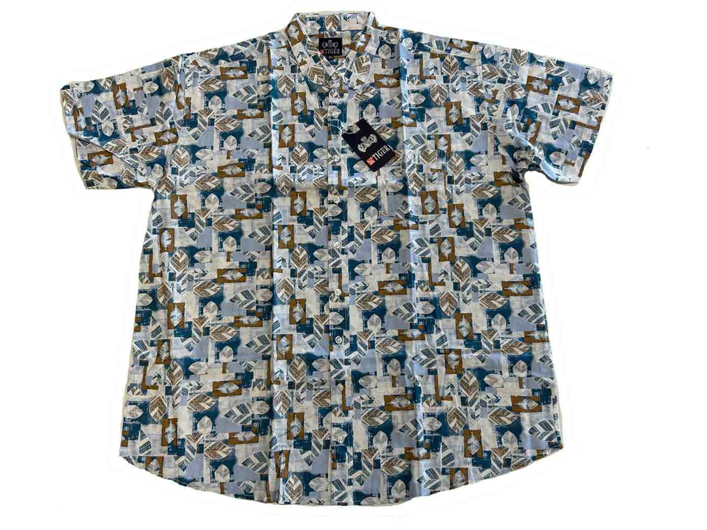 BigTiger karohemd herren kurzarm mit blau-braunem geometrischem Muster