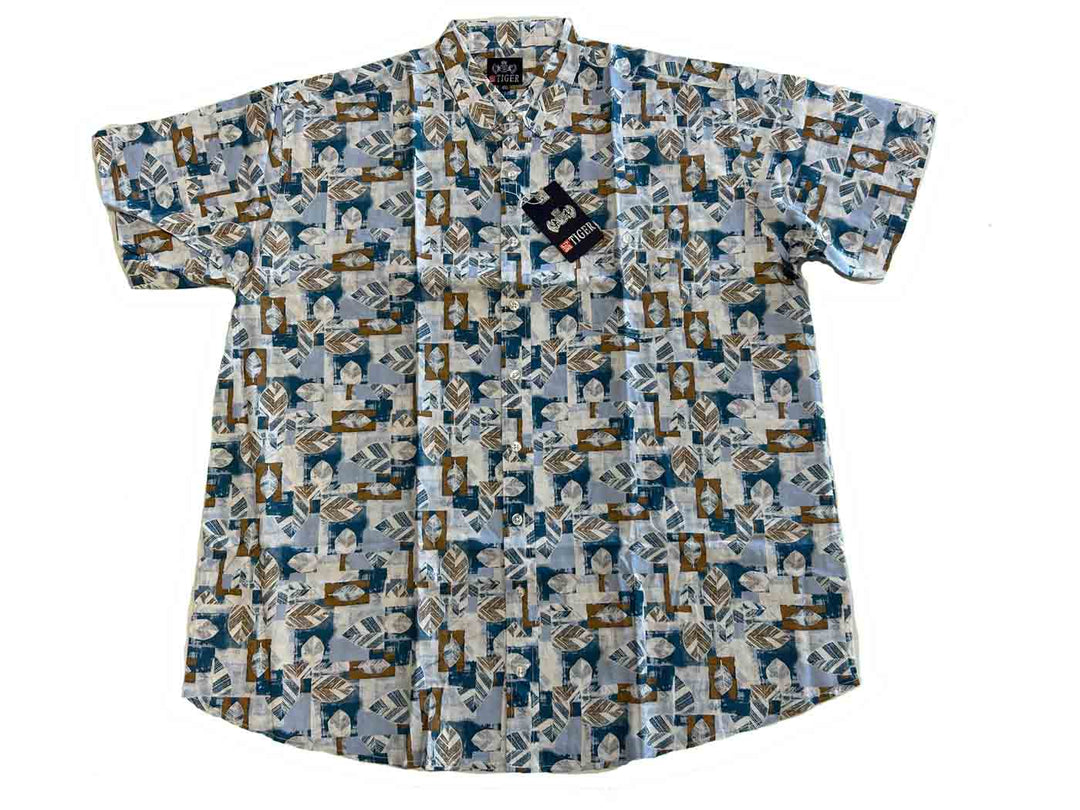 BigTiger karohemd herren kurzarm mit blau-braunem geometrischem Muster