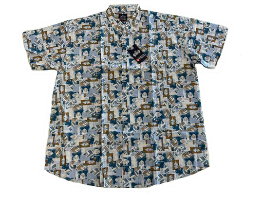 BigTiger karohemd herren kurzarm mit blau-braunem geometrischem Muster