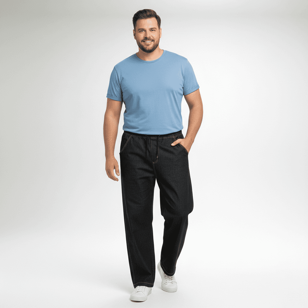Mann trägt schwarze Schlupfhose von BigTiger jeans in übergrösse kombiniert mit blauem T-Shirt und weißen Schuhen