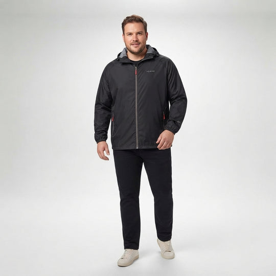 Schwarze Herren-Regenjacke mit Kapuze, Reißverschluss vorn und Seitentaschen