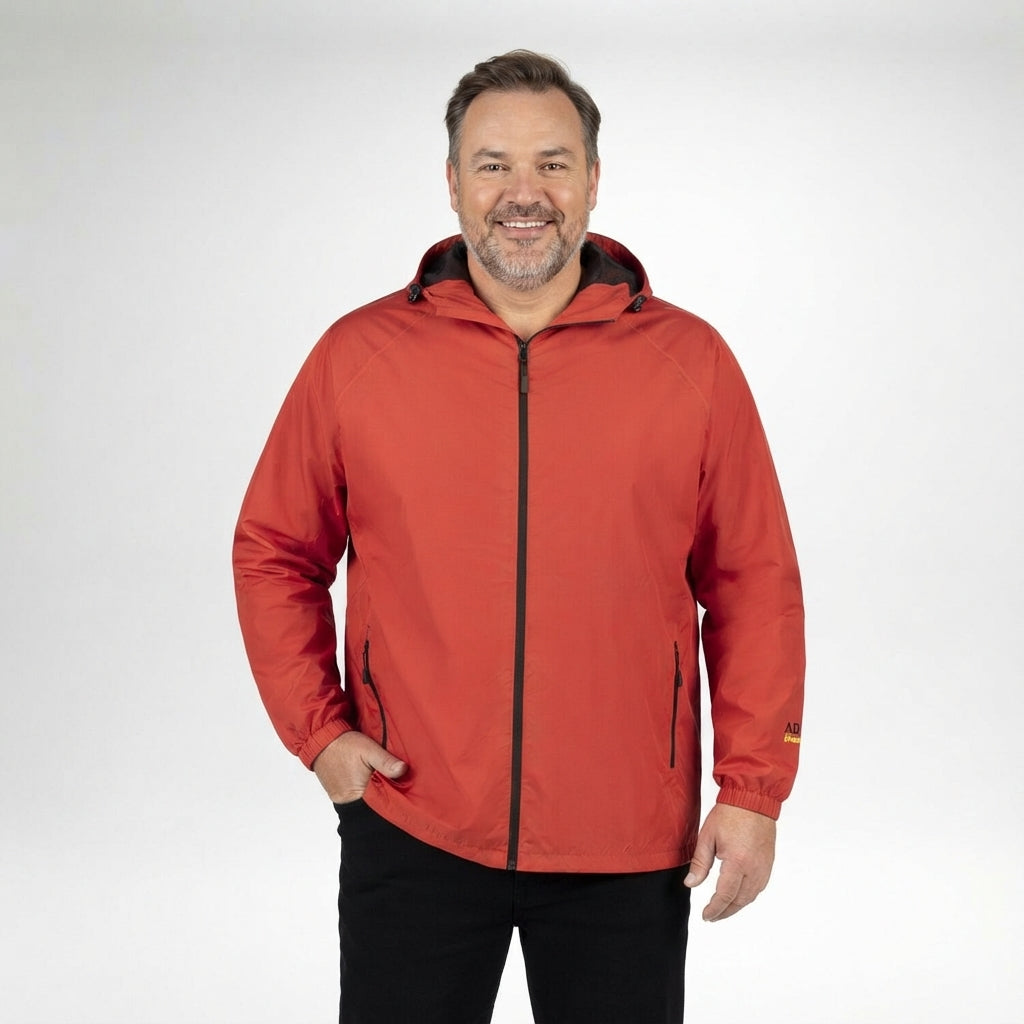 Rote Herren-Regenjacke mit Kapuze, durchgehendem Reißverschluss und Seitentaschen