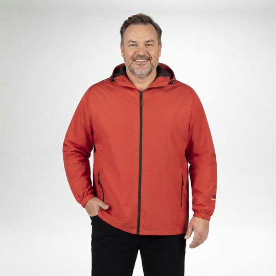 Rote Herren-Regenjacke mit Kapuze, durchgehendem Reißverschluss und Seitentaschen