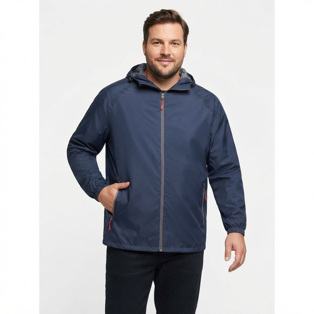 Marineblaue Herren-Regenjacke mit Kapuze, Reißverschluss vorn und elastischen Bündchen