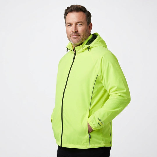 Neongrüne Regenjacke mit Kapuze, Reißverschluss vorn und Kordelzug am Kragen