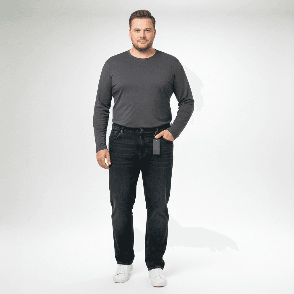 Pionier Basic Jeans Hose in Schwarz getragen von Mann übergröße herren mit casual Look