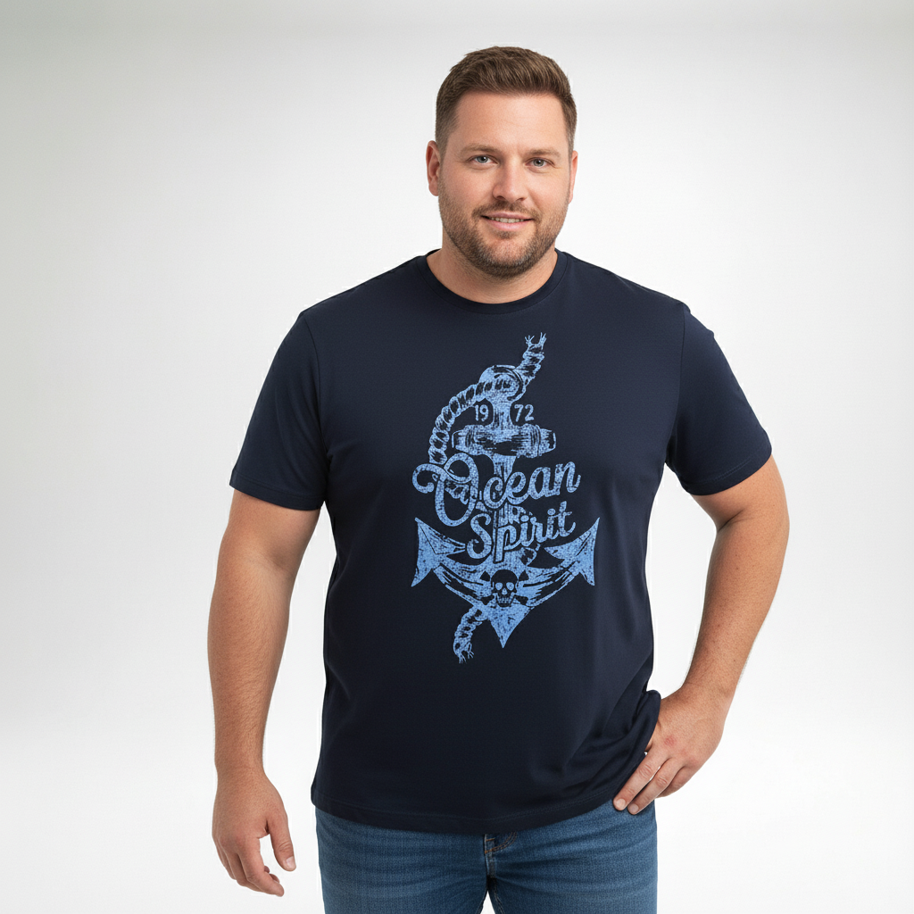 Redfield T Shirt mit Druck in Dunkelblau mit maritimem Anker und Ocean Spirit Schriftzug