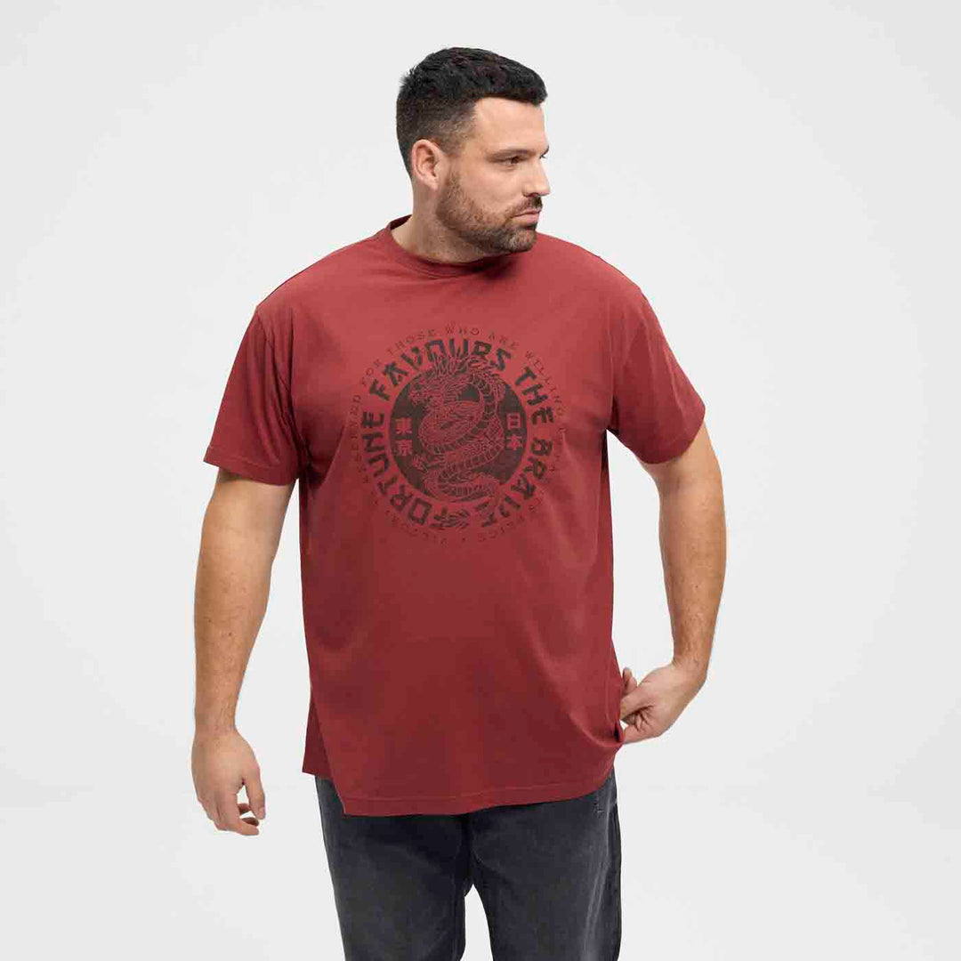 Allsize tee t shirt in Rot mit schwarzem Druck und Rundhalsausschnitt, getragen von Mann