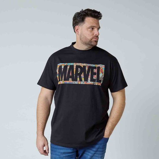 Marvel T-Shirt Herren Übergröße 4XL-8XL in Schwarz mit großem Marvel Schriftzug und Comic-Motiv