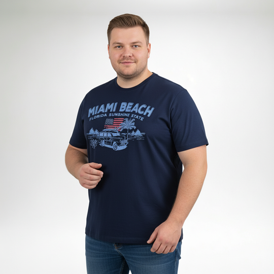 Redfield t shirt damen bedruckt blau mit Miami Beach Motiv und amerikanischer Flagge