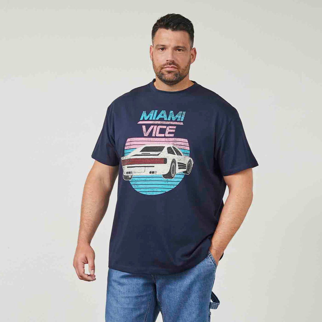 Allsize T-Shirt mit Miami Vice Print und sportlichem Retro-Auto auf navyblauem Stoff