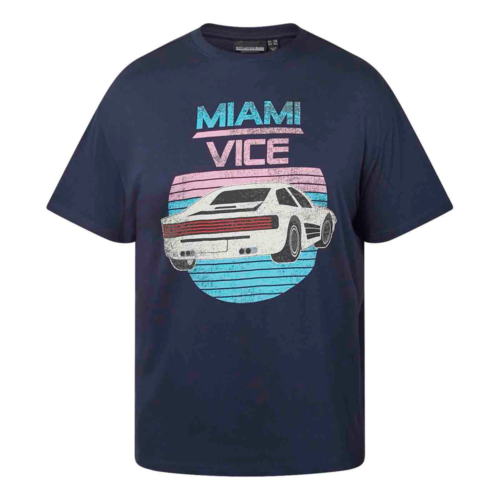 Dunkelblaues T-Shirt mit miami vice Aufdruck und weißem Sportwagen von Allsize