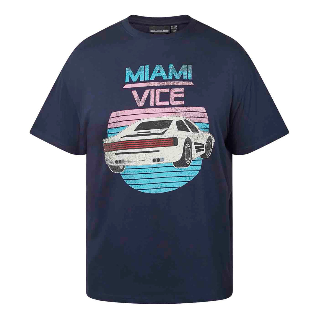 Dunkelblaues T-Shirt mit miami vice Aufdruck und weißem Sportwagen von Allsize