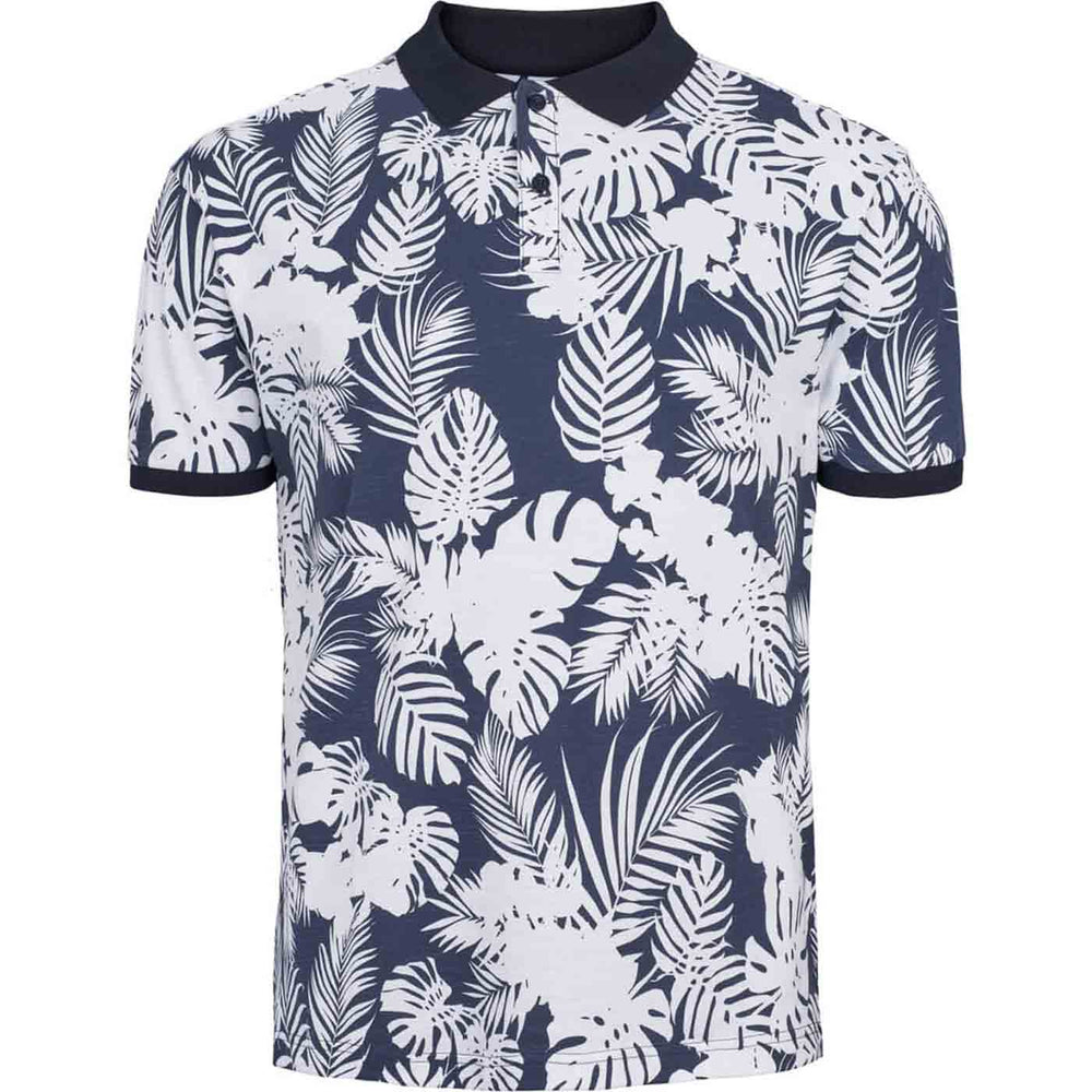 Allsize Polo shirt mit weißem tropischem Blattmuster auf dunkelblauem Hintergrund und kurzem Ärmel